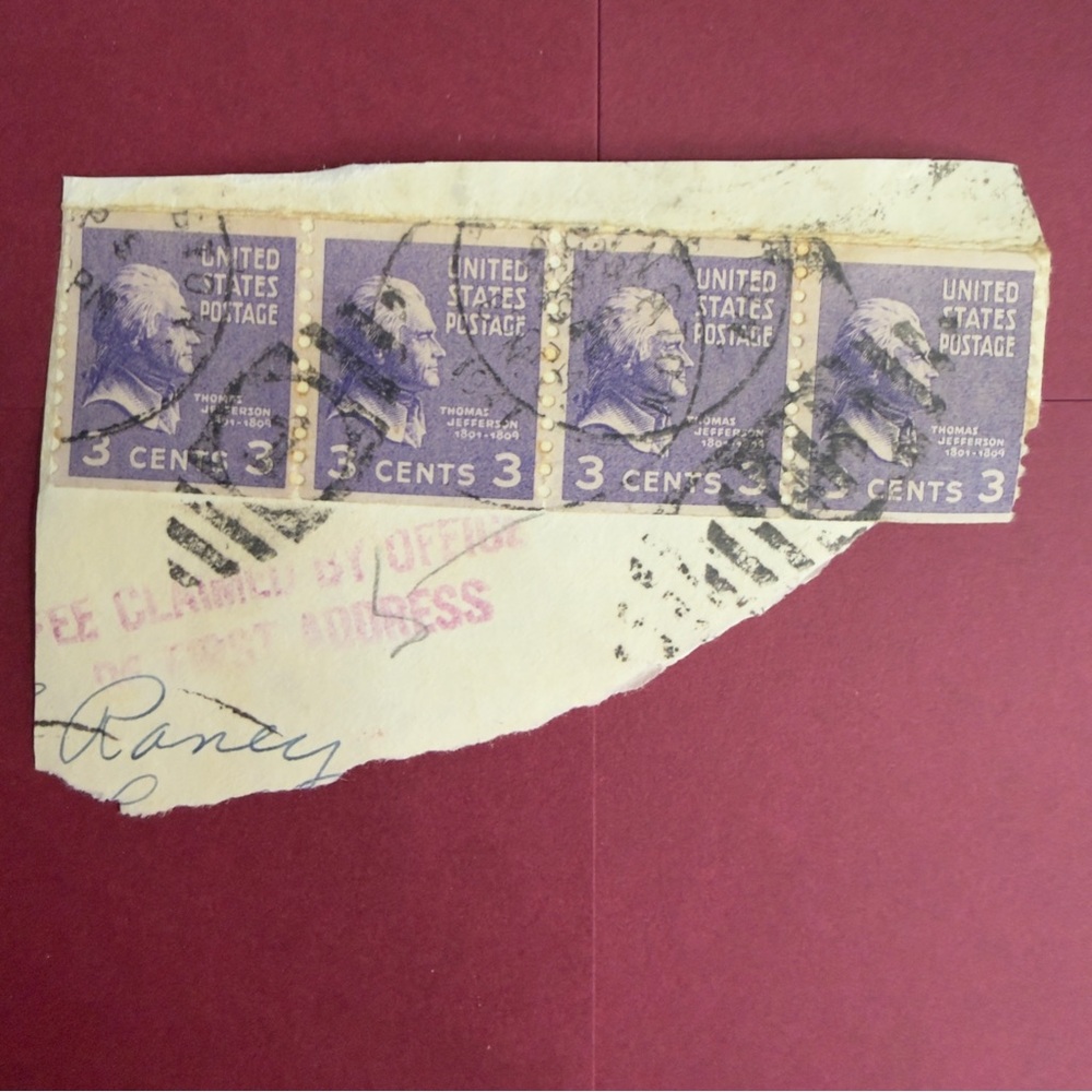 1930's Thomas Jefferson (4 Attached) Purple 3 Cents US‎ Postage Stamp Used #C012